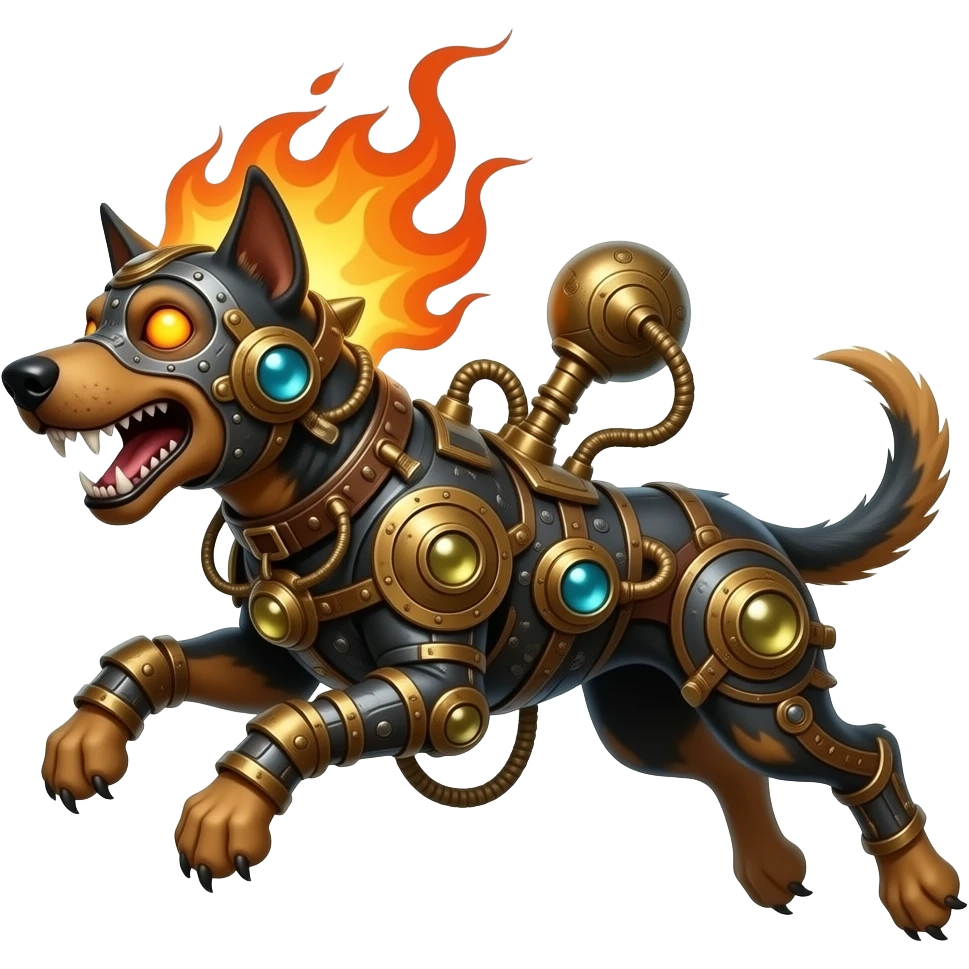 steampunk - cerberus, a three-headed zombie flaming dog - jumping - that guards the gates of the underworld emoji