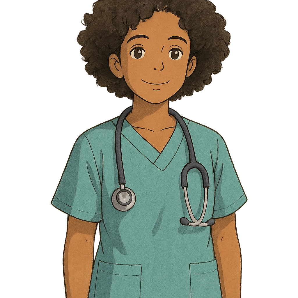 ghibli style afro latina nurse with gentle smile, curly hair, medical scrubs emoji