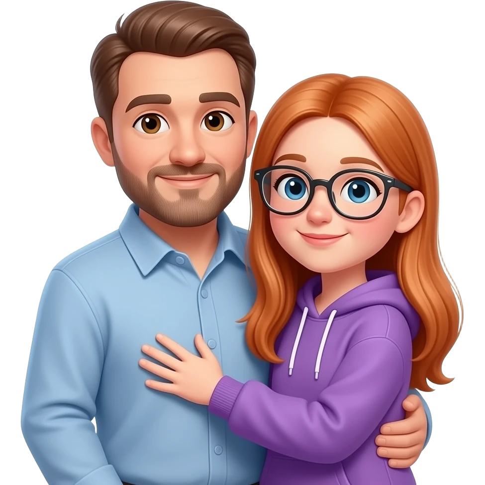 a dad and 13 year old girl hugging girl has long straight light red hair CLEAR glasses girl wearing purple sweatset emoji