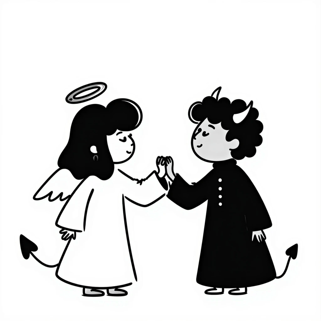 An angel and a demon sitting together, holding hands emoji
