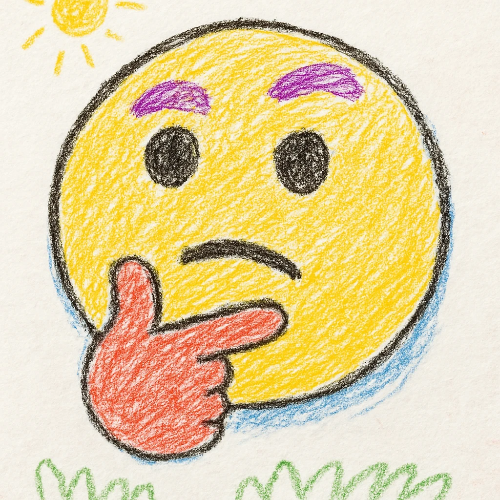 Convert to a children's doodle style emoji with a round face, thinking expression, cartoonish and bright colors. emoji