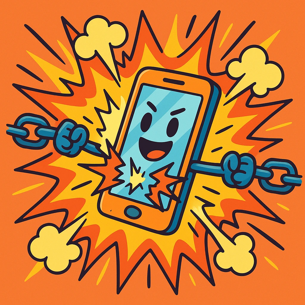 a vibrant cartoon style image combining a mobile phone breaking a chain with explosion effect emoji