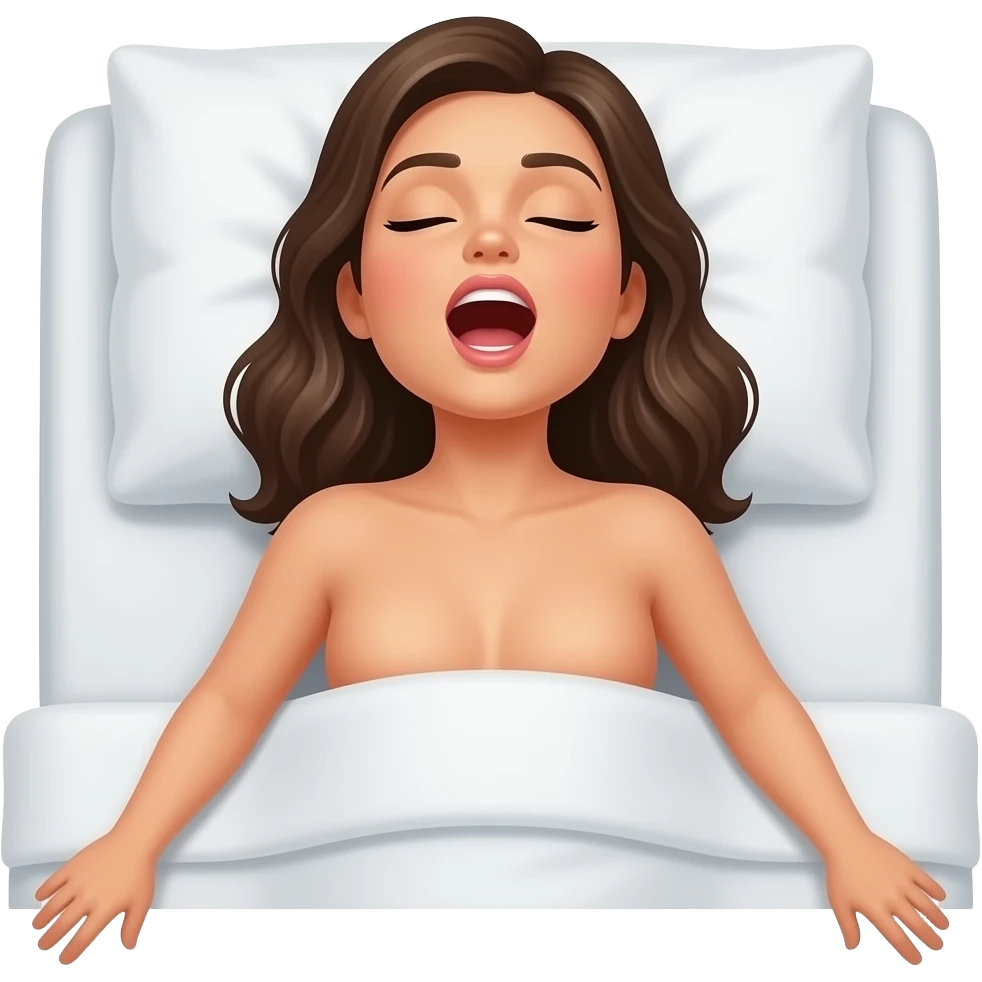 naked woman lying on back, on bed, head tilted back, mouth open, eyes closed emoji