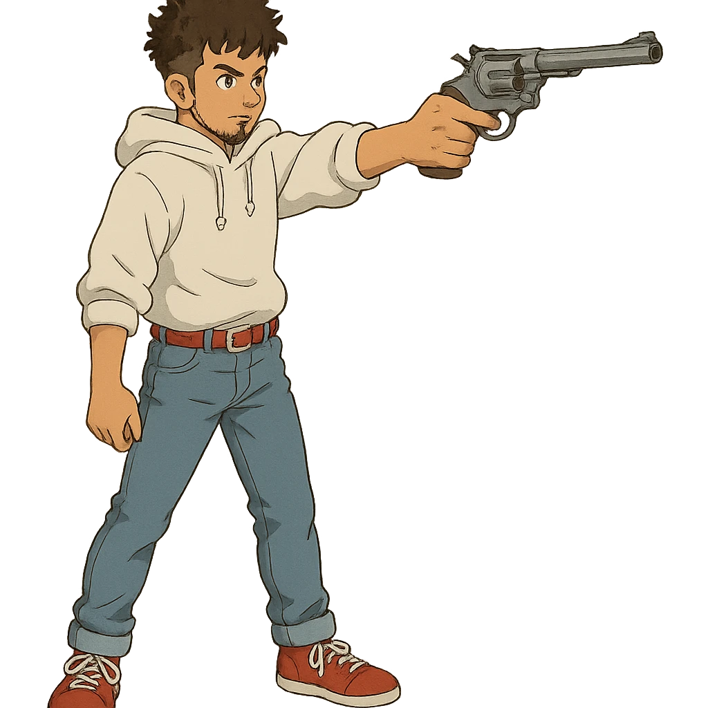 1 male, mid fade haircut dark chestnut brown curly hair, toasted lightskin, white hoodie sleeves up, fashion jeans, red fashion-sneakers shoes, red belt, short trimmed beard and goatee,  style of deku from "my hero academia", drawing a magnum revolver like dirty harry emoji