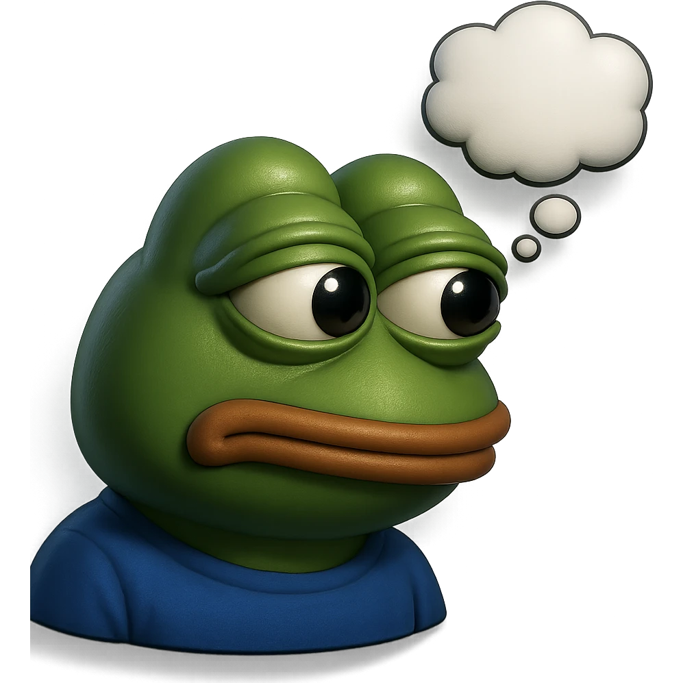 make a pepe with thought bubble looking at left side in 3d style, good highlights and shadows, drop shadows  emoji