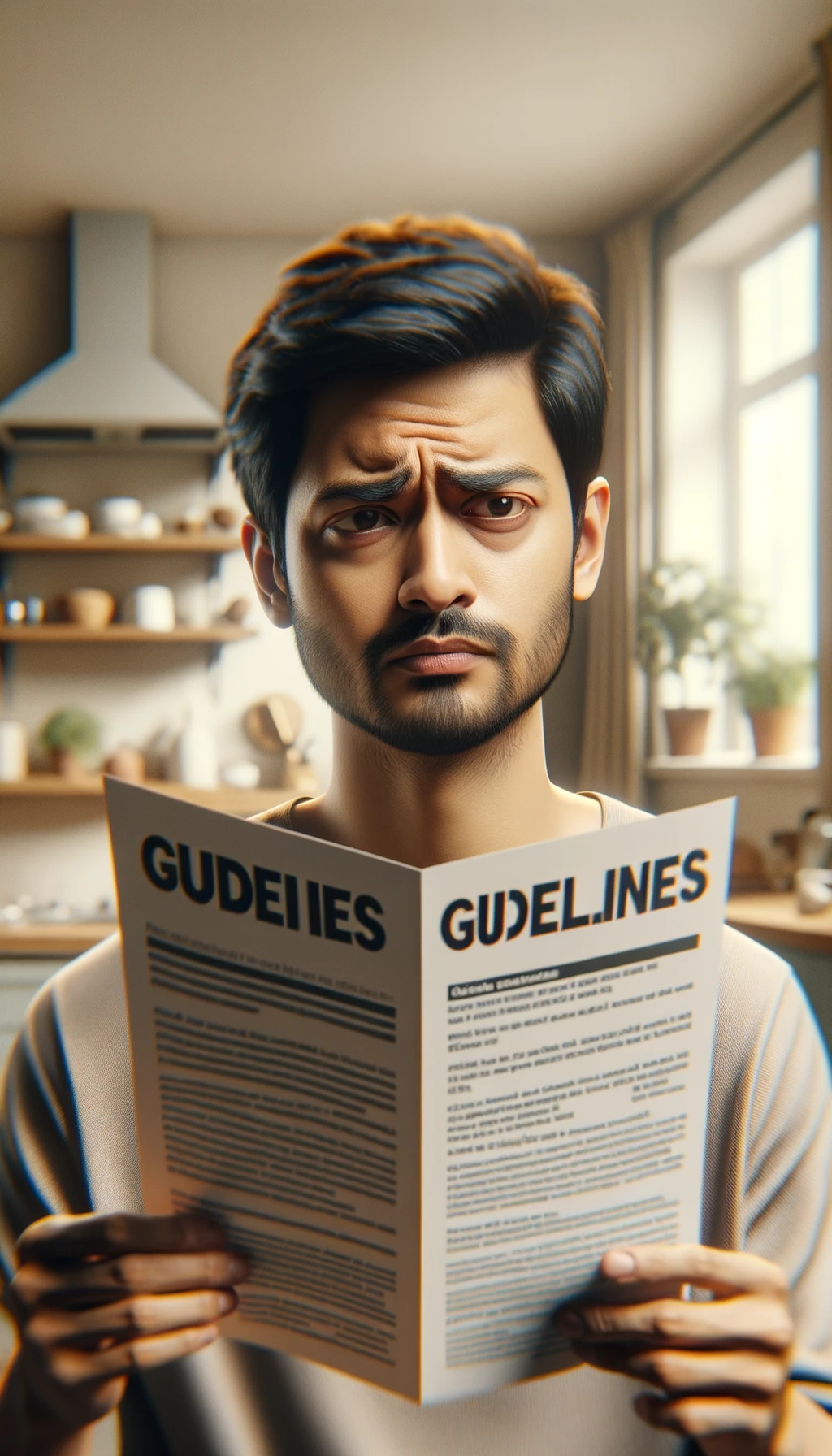 UOMO che legge DUBBIOSO un foglio con la scritta "LINEE GUIDA" IN ITALIANO, sullo sfondo la sua cucina sfocata con toni chiari neutri, iperrealistico 4k emoji
