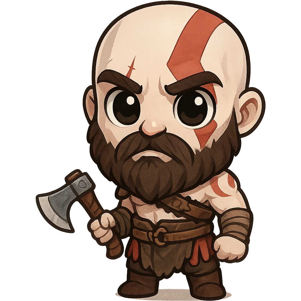 chibi-style Kratos with a tiny axe and big eyes emoji