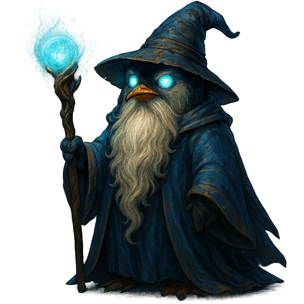 a penguin wizard with a long beard, mystical staff, glowing eyes, fantasy-inspired style emoji
