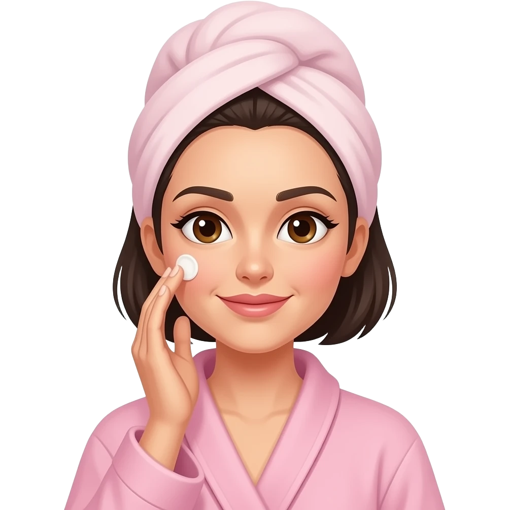 chica de cabello oscuro y corto, con ojos color cafe, con bata de salir del baño color rosa, con la toalla en la cabeza y aplicándose una crema en la cara emoji