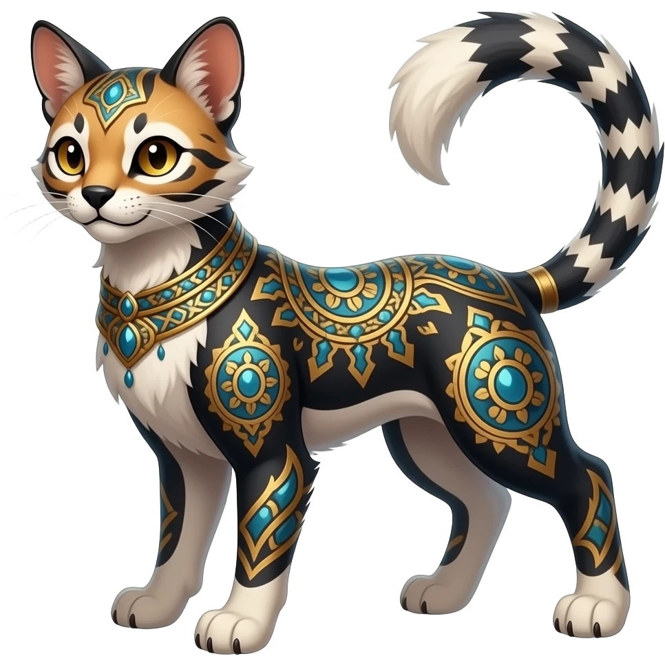 Patterned unique epic legendary vintage antique aesthetic quadrupedal elegant oriental feral painted fantasy-Civet-Litten-Luxray-Sprigatito-Furret-Sylveon-Fakémon-fusion-hybrid-creature emoji