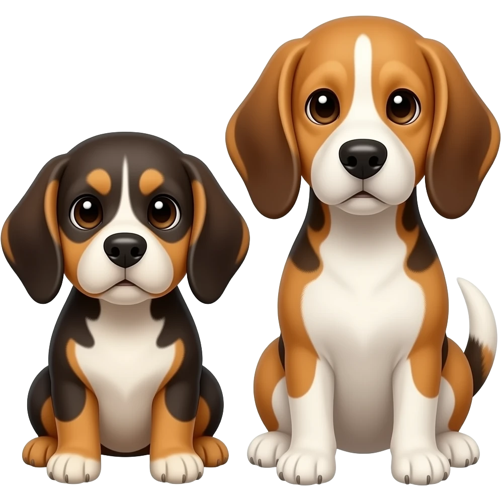 deux beagles un petit sur pattes, un peu trapu  3 couleurs foncé et l'autre plus élancée sur pattes tricolor mais plus clair emoji