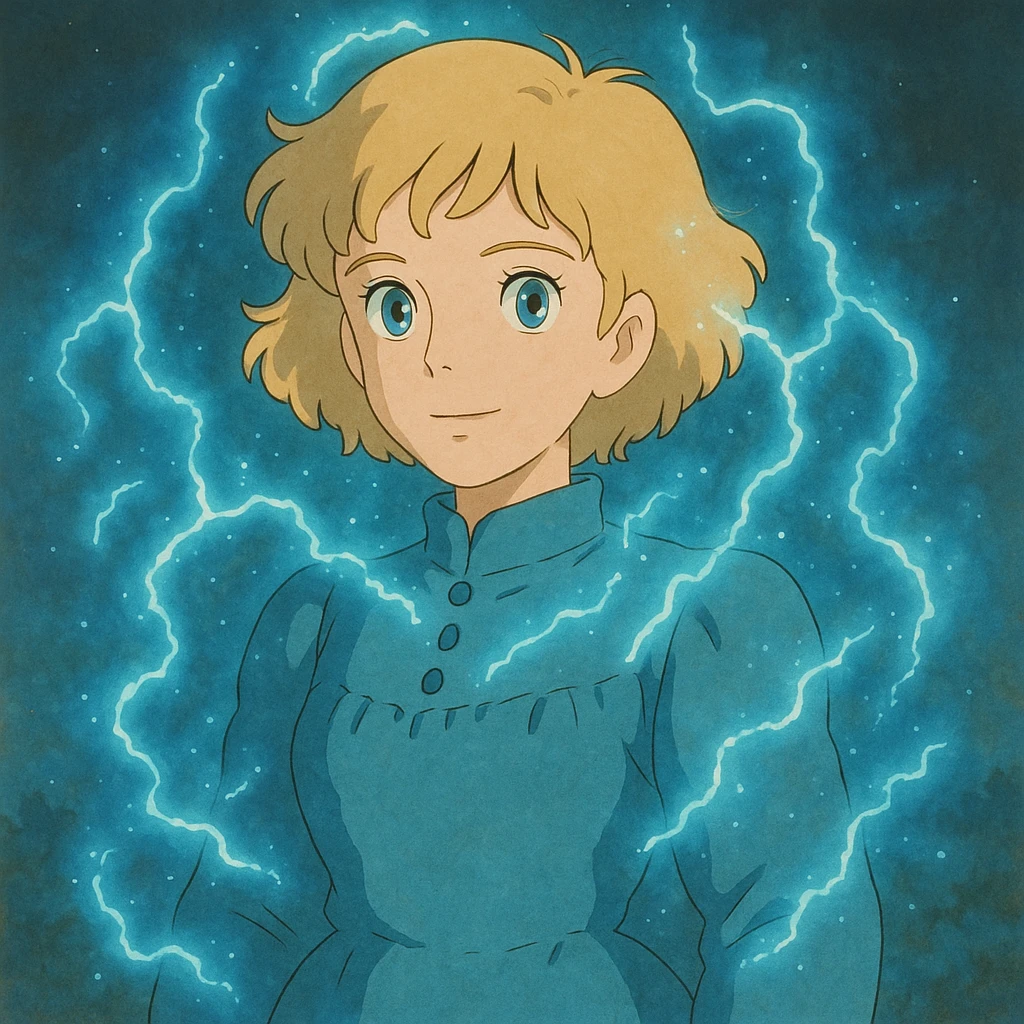 a woman with short curly blonde hair, blue eyes, blue electric aura, soft and magical, ghibli style emoji