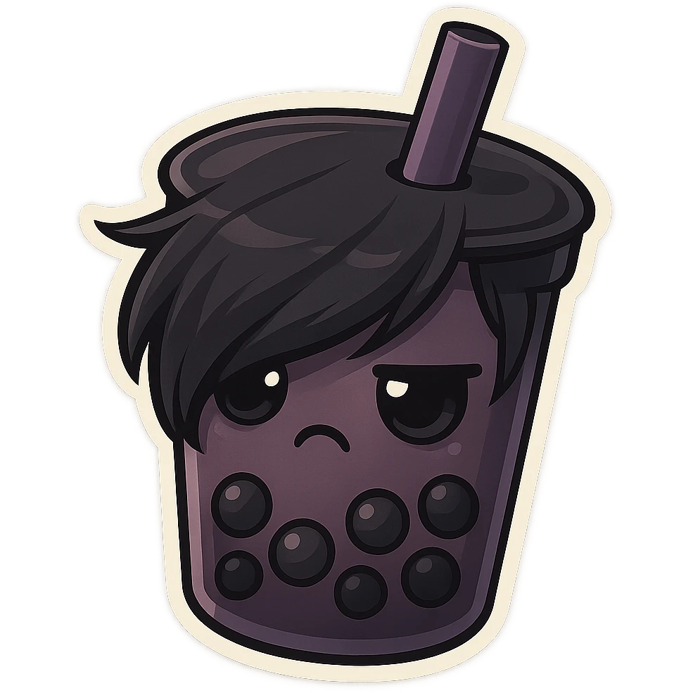 chibi sticker-style bubble tea with an emo vibe, dark colors, side-swept bangs, cute and exaggerated emoji