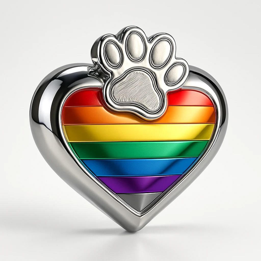 rainbow pride heart with a paw print on top, chrome style, no text emoji