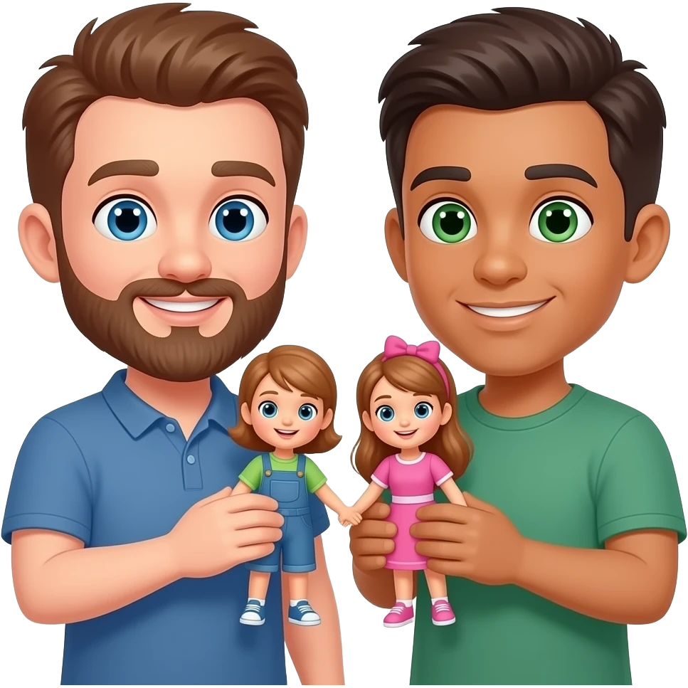 White guy with brown beard and second light brown skin guy green eyes playing with dolls emoji