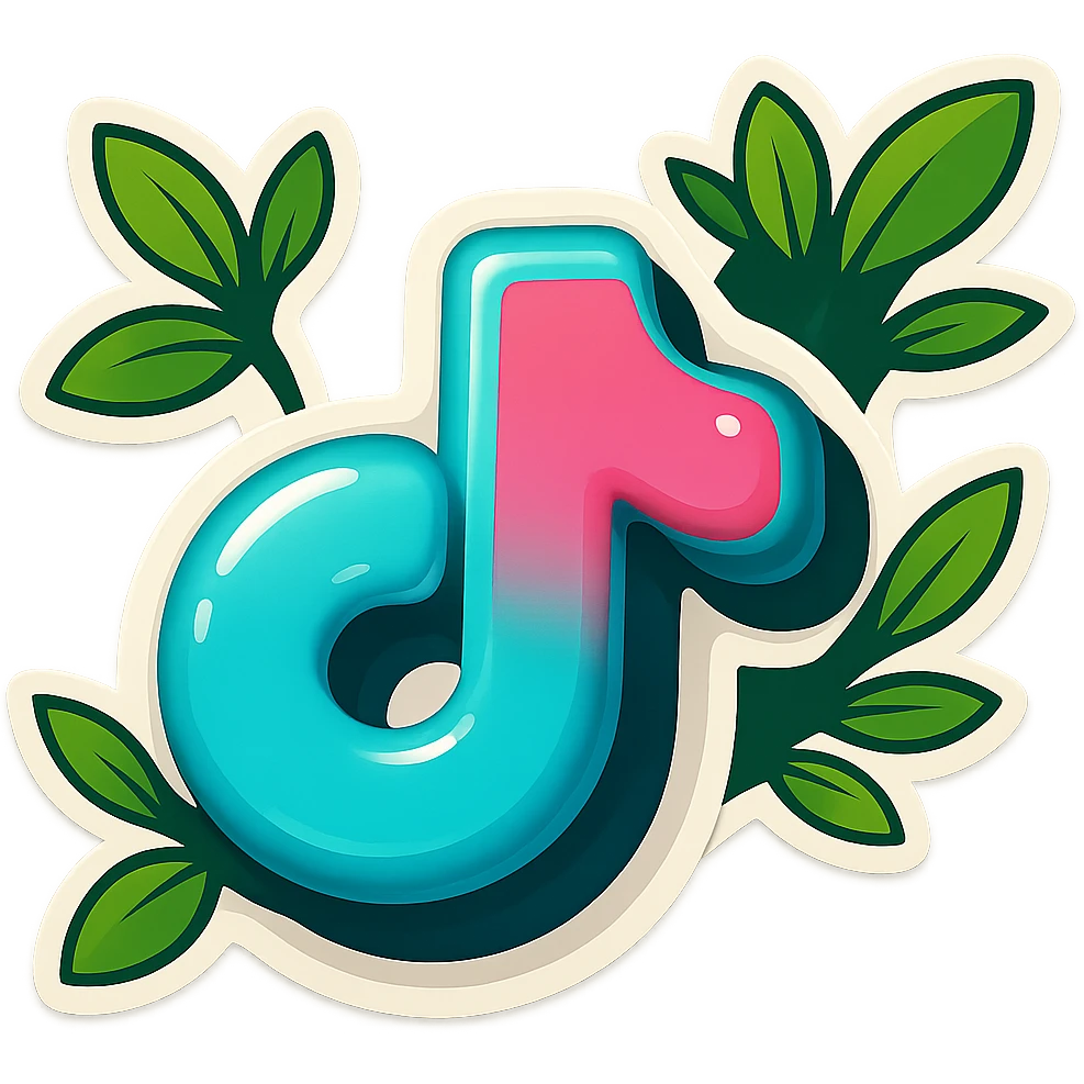 Replace the 'w' with a plump, rounded, cartoon-style TikTok logo. Maintain the same soft, puffy, glossy look with a bold outline, expressive shadows, and bright leaves around the logo. Ensure no sharp corners and no background. Match the reference style closely as shown in the provided image. emoji