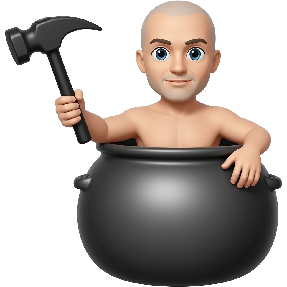 bald guy no upper in a big black pot with a long hammer emoji