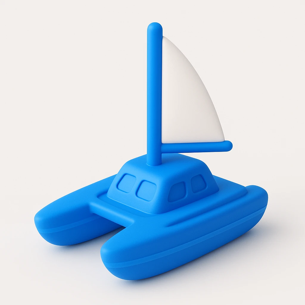 A catamaran with a white background. No wording or lettering on the boat.  emoji