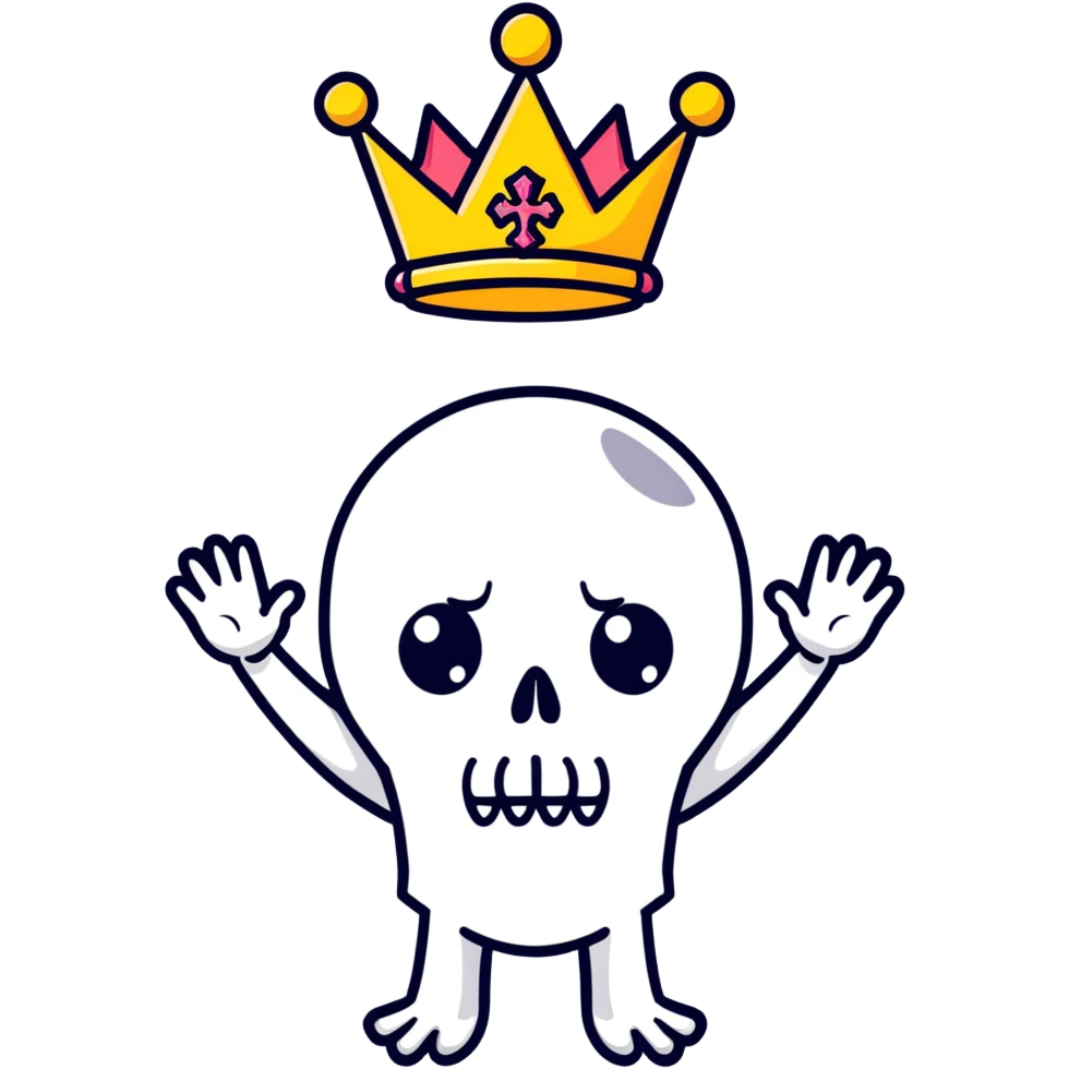 A shocked skull with a crown on top, both hands raised pressing on its head in disbelief, black and white emoji