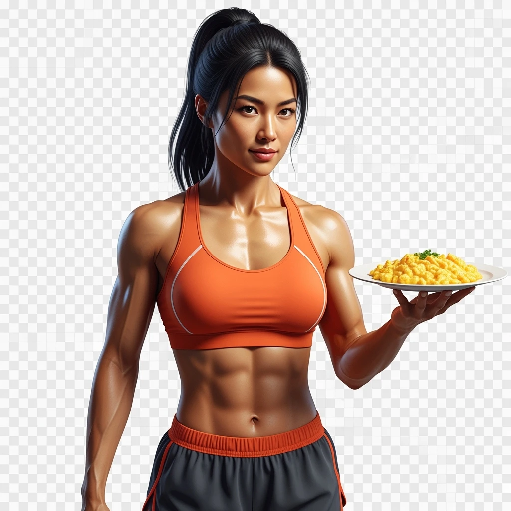 DONNA FITNESS CHE HA IN MANO UN PIATTO DI UOVA STRAPAZZATE, IPERREALISTICA 4K, SENZA SFONDO emoji