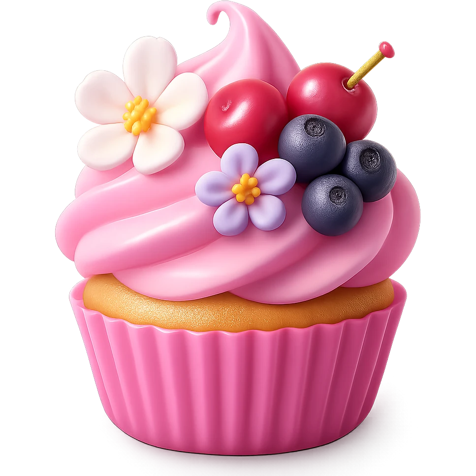 Redraw this cupcake with berries and flowers in 3D iOS style with volumetric glaze, realistic berries, smooth gradients, modern look, and transparent background. emoji