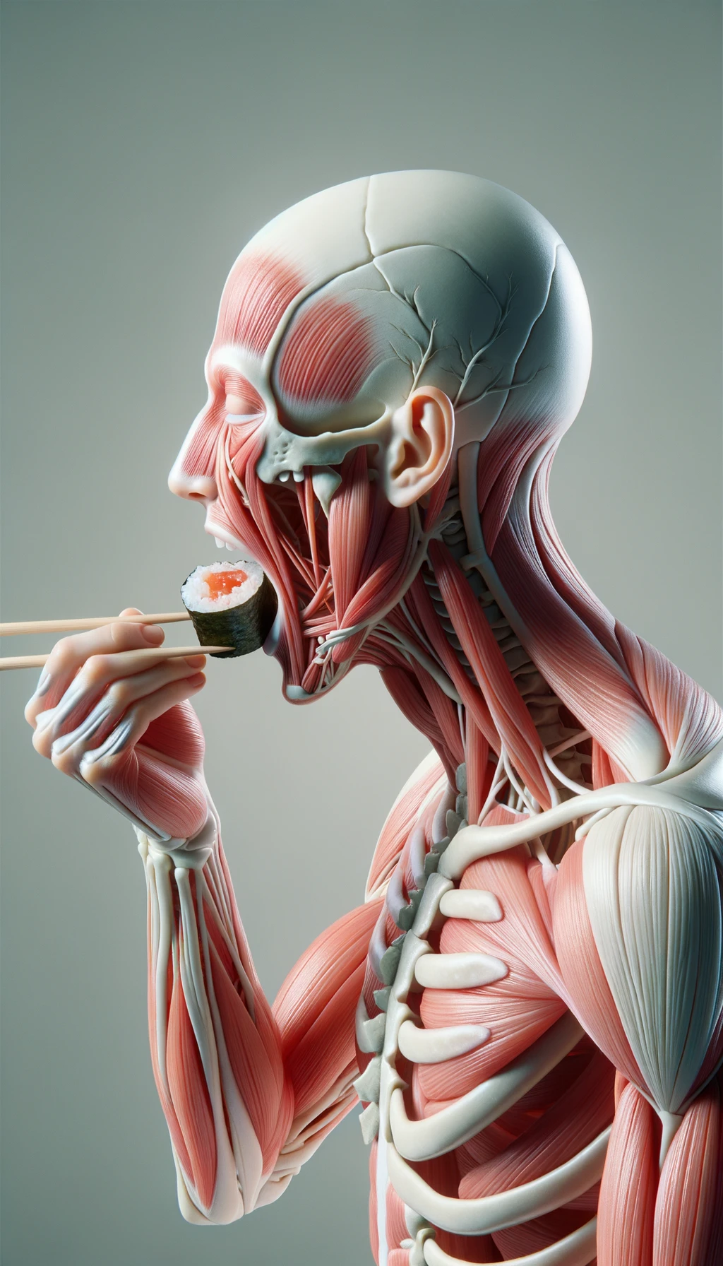 CORPO UMANO ANATOMICO Che mangia sushi crudo, , SFONDO CHIARO, iperrealistico 4k emoji