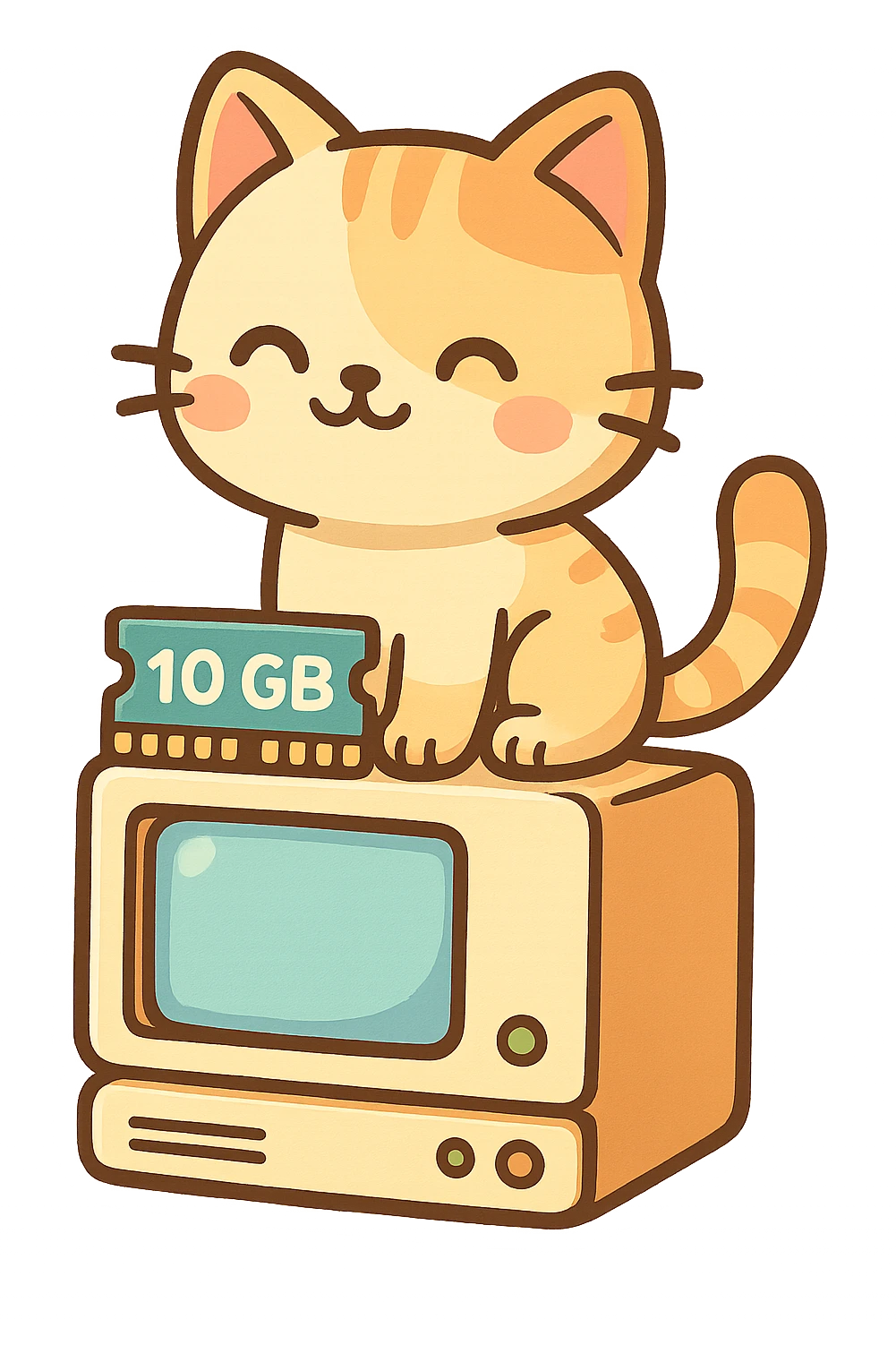 a cat sitting on a computer with a visible 10 GB memory chip, fun and colorful illustration emoji