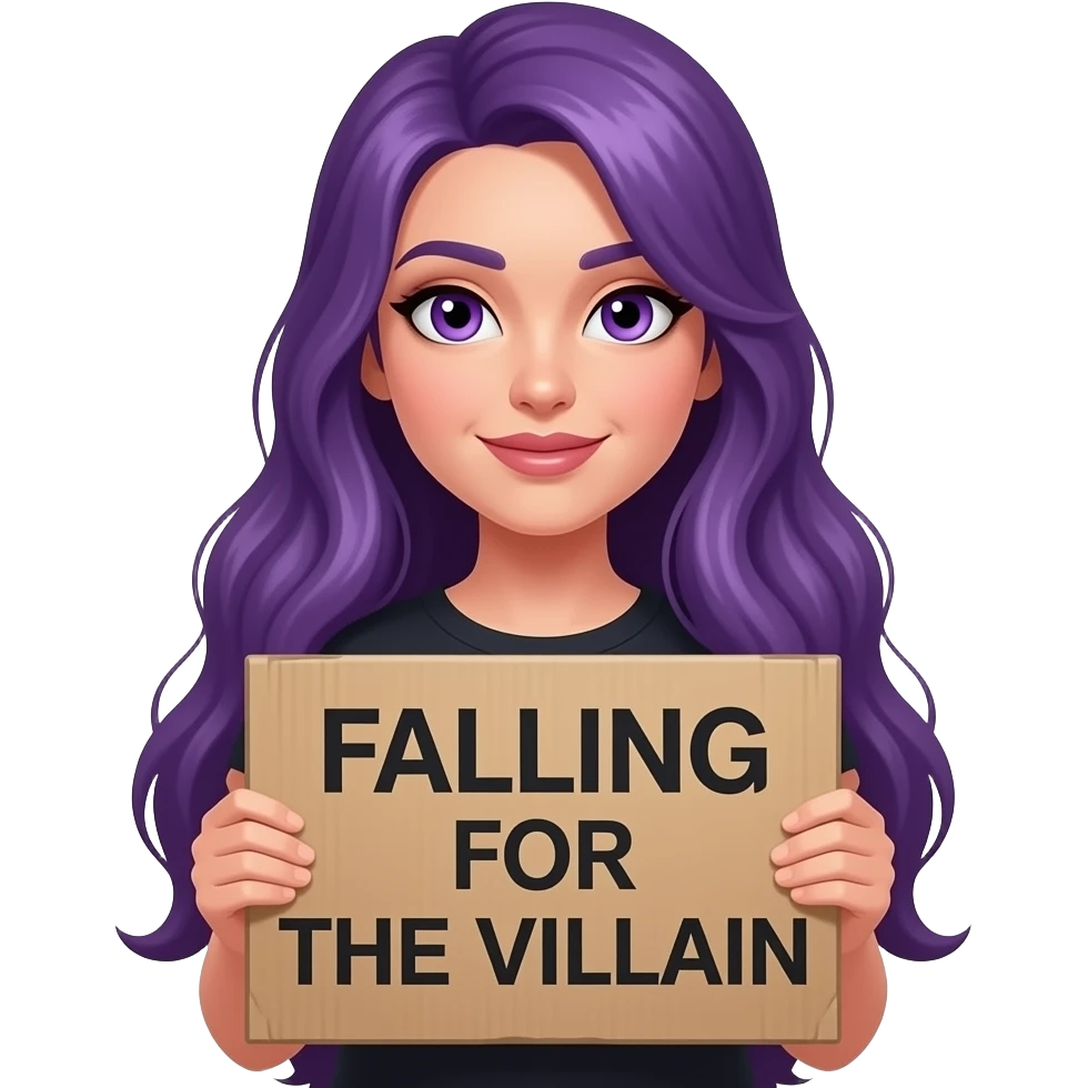 sexy girl with long purple hair and purple eyes holding a FALLING for the VILLAIN sign emoji