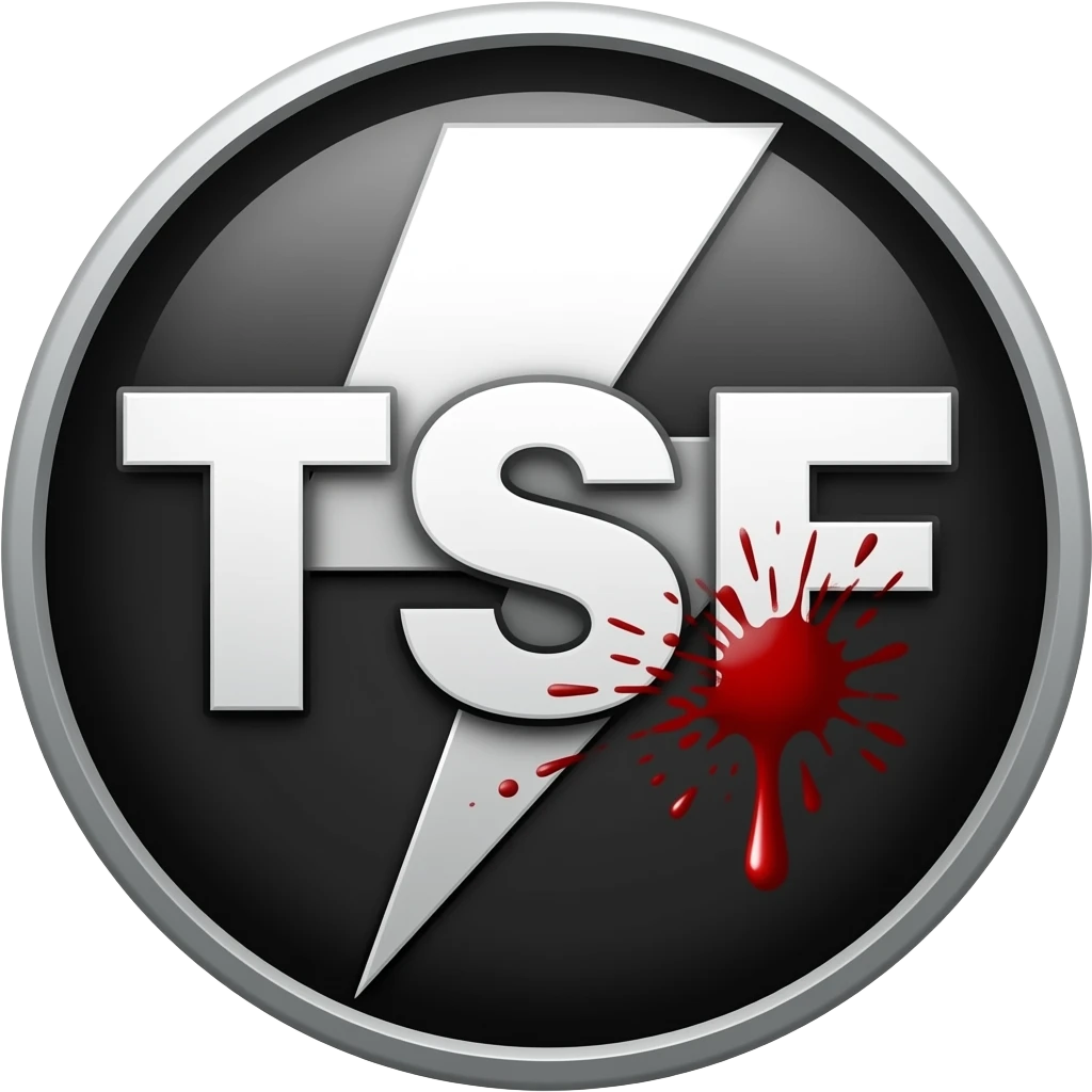 make a black and white lightning logo with the letters TSF without a background and stained with blood emoji