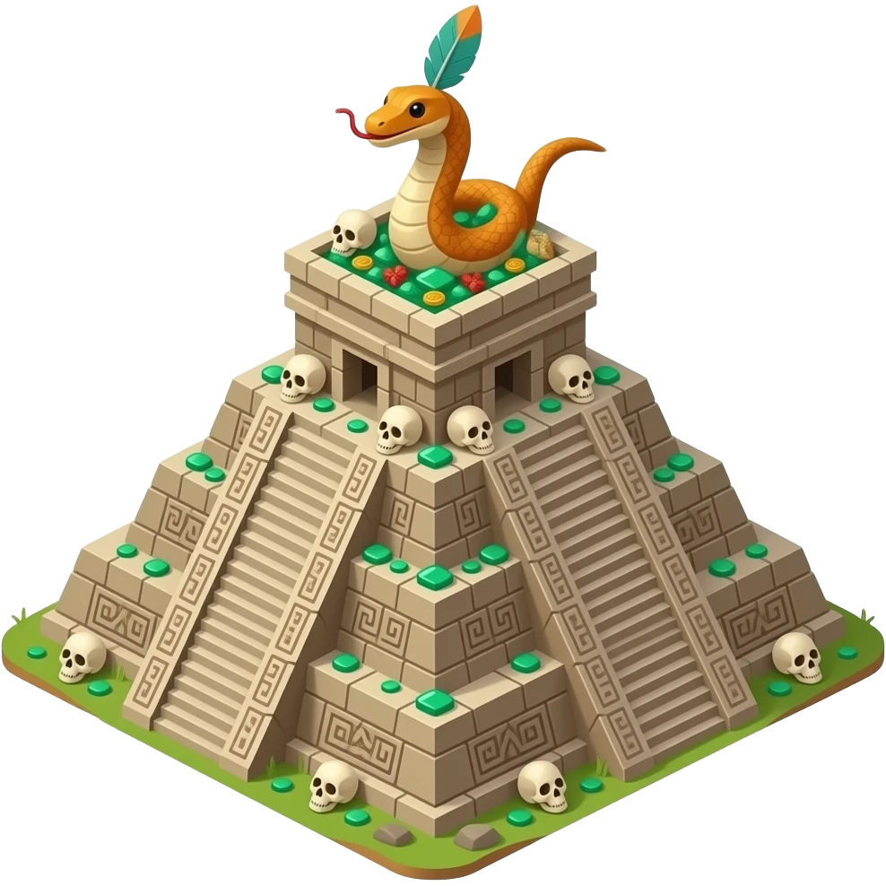 Isometric perspective. maya pyramid temple emoji. Treasures and skulls. Guarded by feathered serpent. Isolated tructure without any background or ground around. emoji