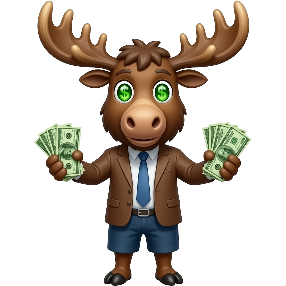 Moose with money in hands and green dollar sign eyes emoji