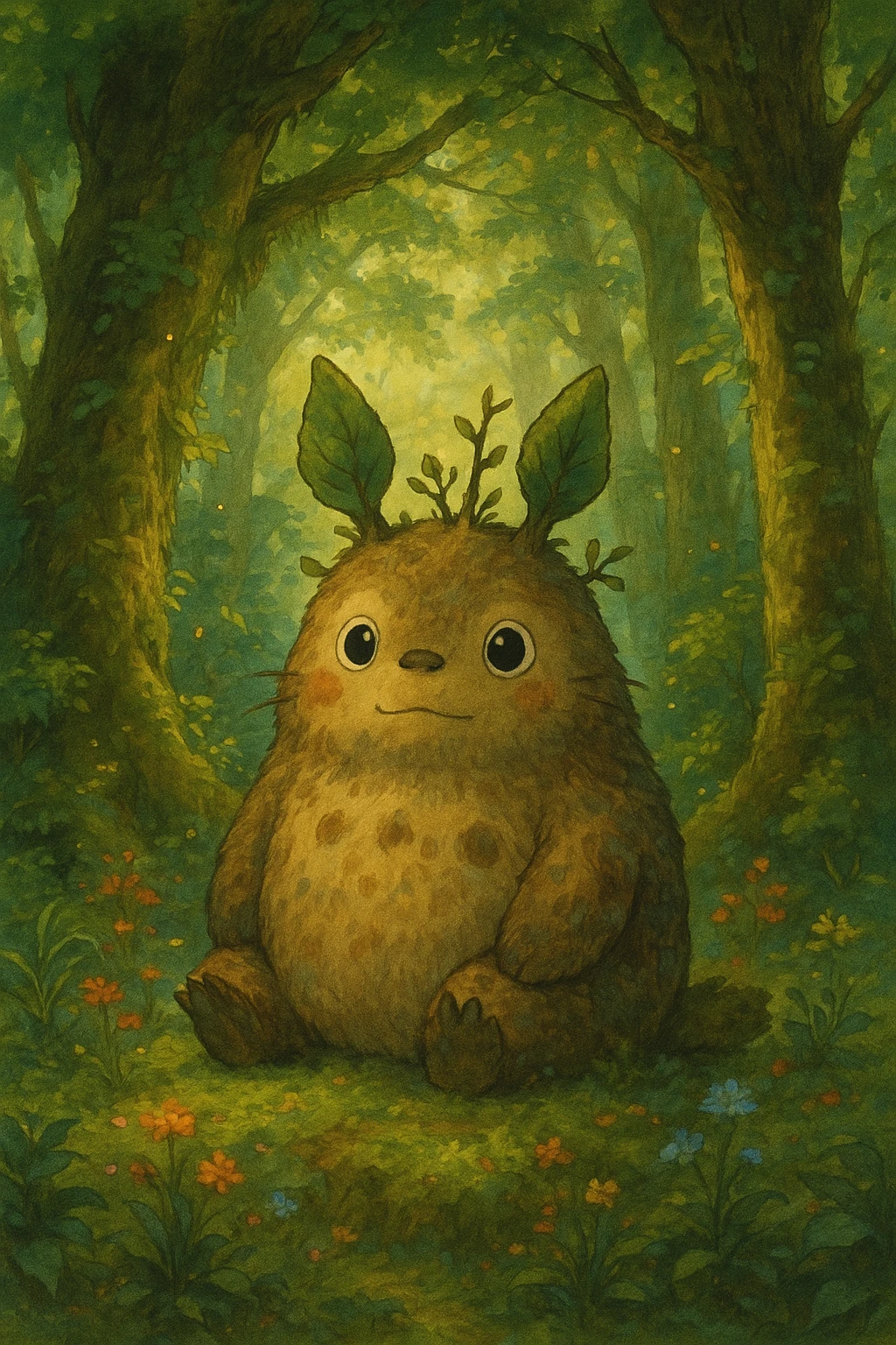 another variation inspired by the best variant, in Ghibli style, with creative background and composition, detailed textures, enchanting ambiance emoji