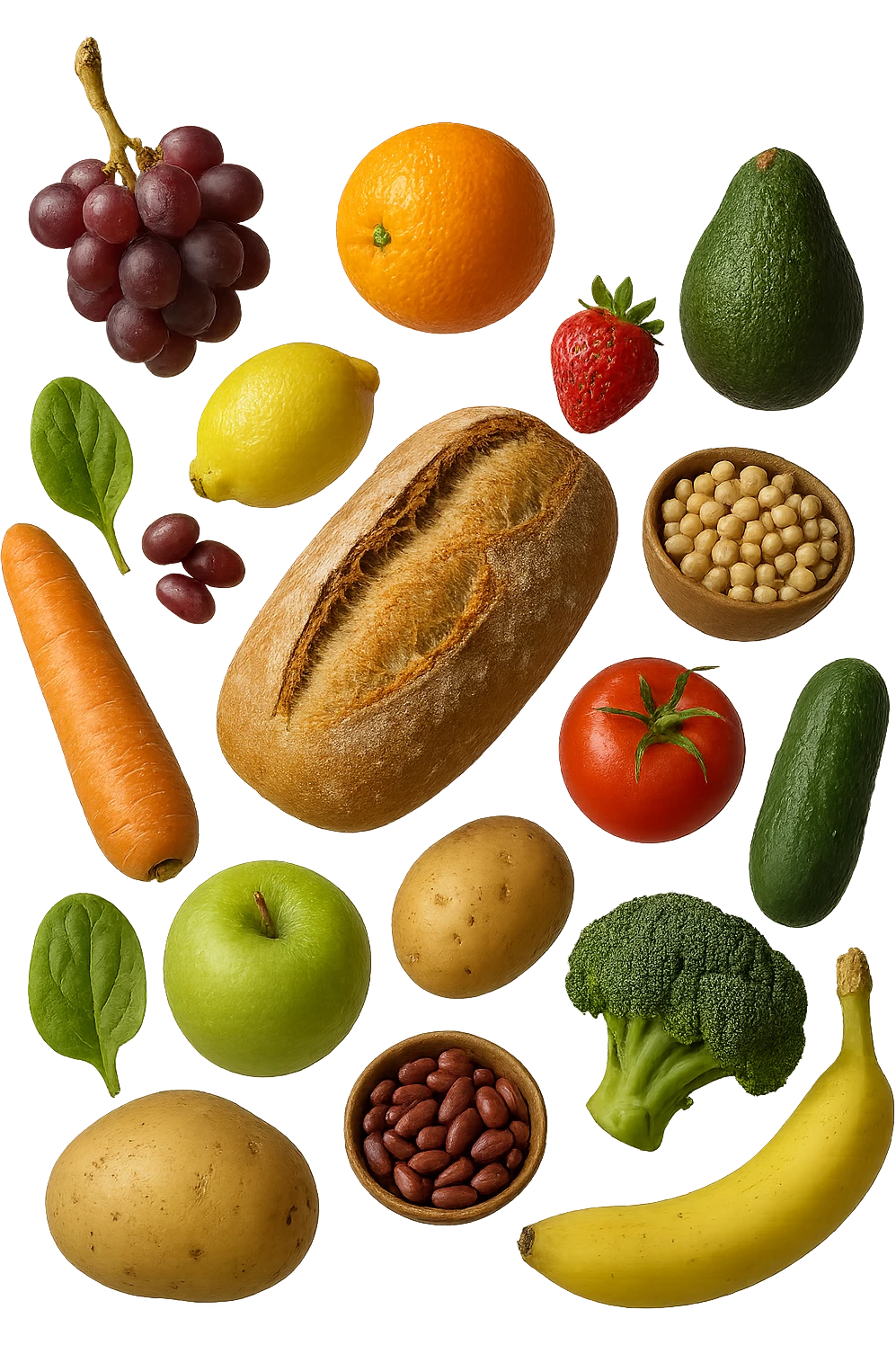 FRUTTA, PANE, LEGUMI E VERDURE CRUDE FLUTTUANO IN ARIA, IPERREALISTICA 4K emoji