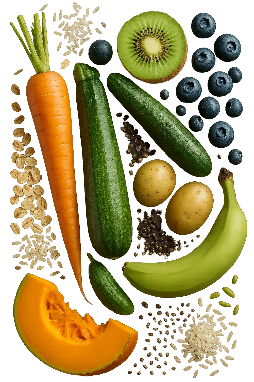 carota, fiocchi di avena, zucchine, kiwi, mirtilli, semi di chia, patate, banane acerbe, zucca, riso fluttuano in aria verticalmente, iperrealistici 4k emoji