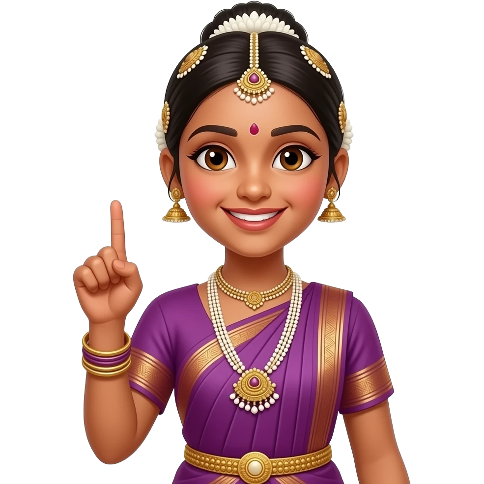 Light teen  brown skin girl in a bharatnataym dress smiling  doing a pointing with one finger emoji