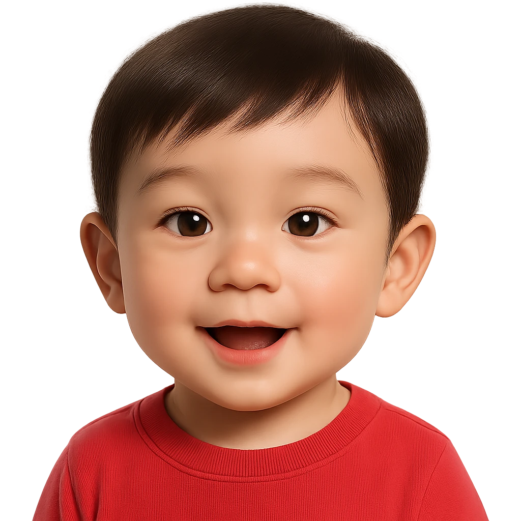 Edit the cute Asian baby boy emoji by changing the shirt to pastel red while keeping the rest unchanged. Use a soft glossy texture and make it about 80% realistic. No background. emoji
