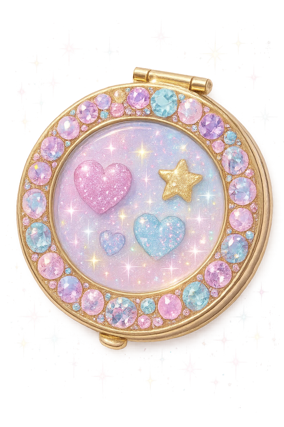 girly sparkling compact mirror with gems, no background, pastel colors, shiny and glittering emoji
