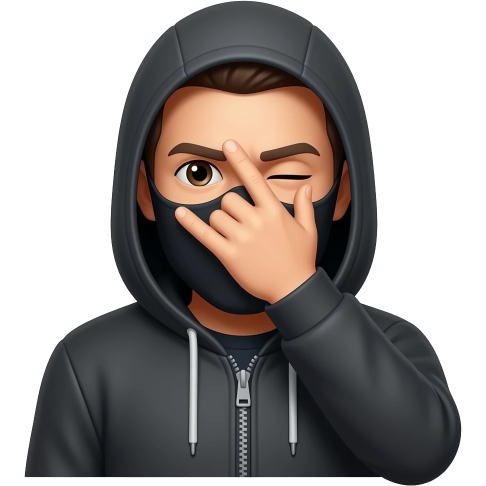 Homem vestido com máscara de hacker de preto tampando a cara com uma mao, com a mão no meio da cara emoji