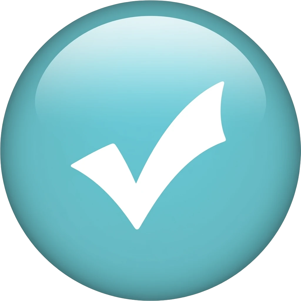 Create a white checkmark with a light ciano circle as a background,no texture of lights emoji