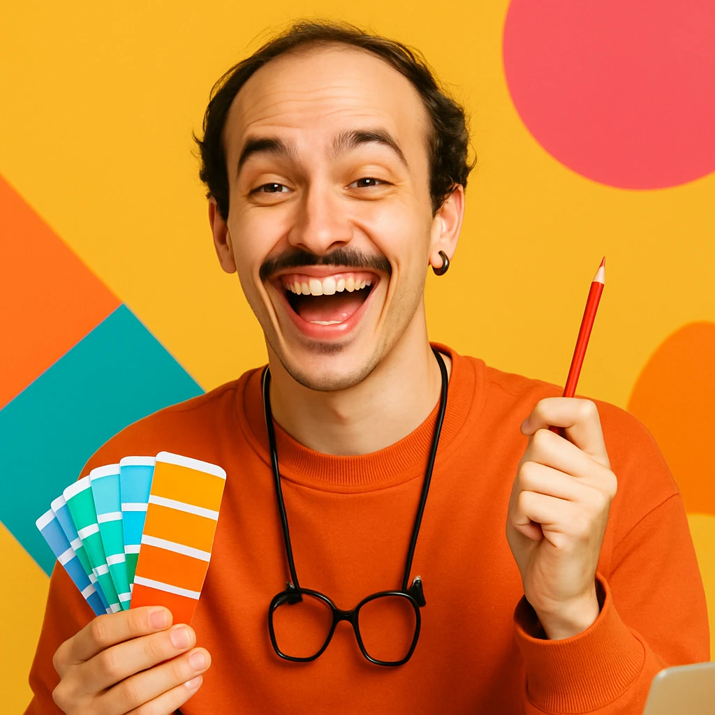 Happy 25 year old graphic designer, receding dark hair, thin moustache, black earring on left, expressive face, modern style emoji