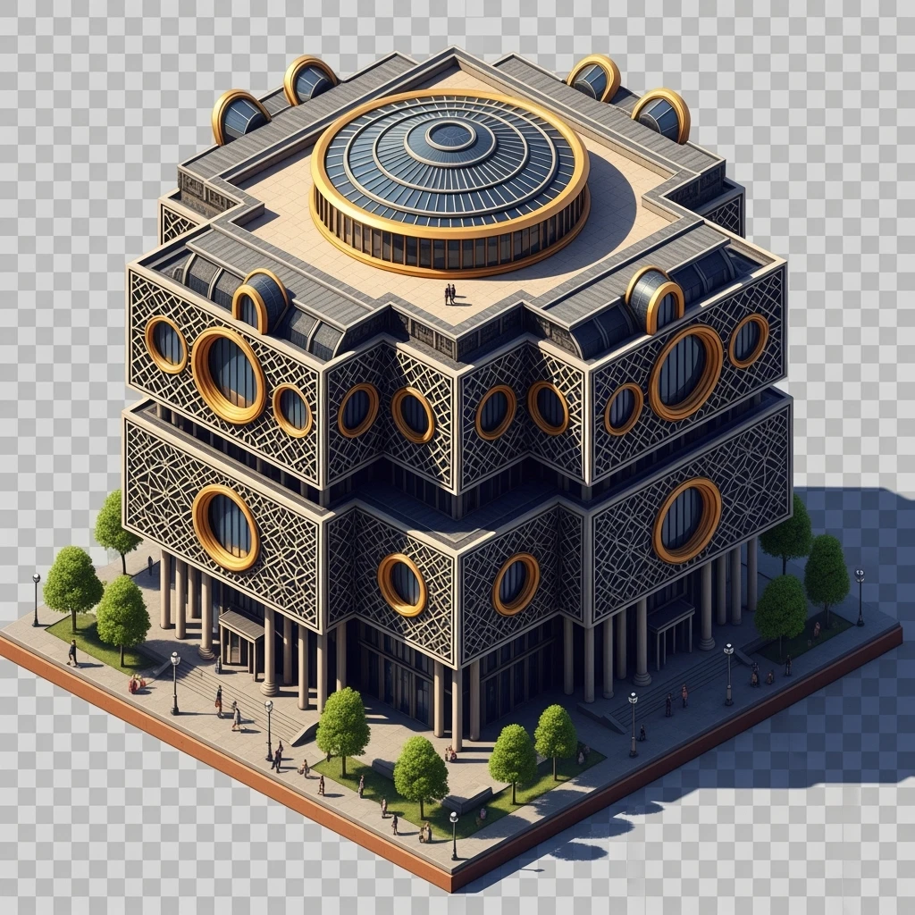 Isometric photorealistic illustration of Birmingham library highly detailed in semi-realistic, 3D miniature effect, transparent background. emoji