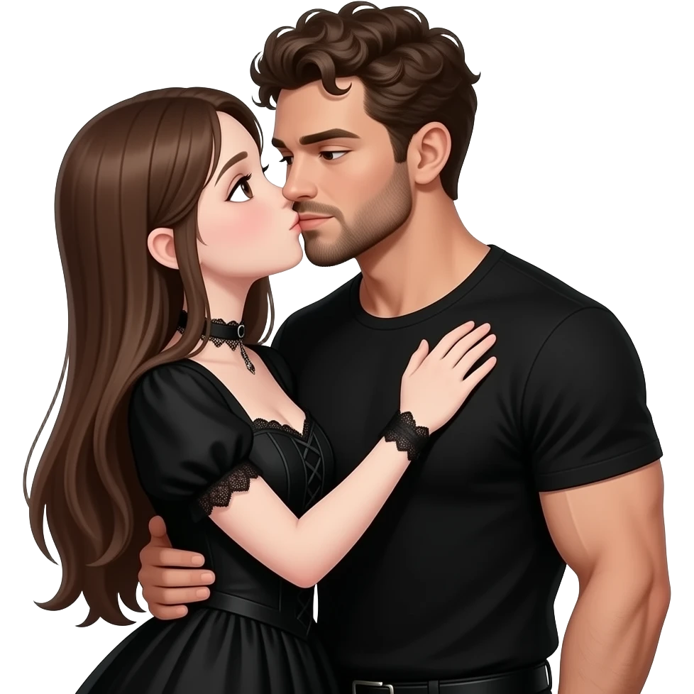 realistic sexy pale skin long straight brown hair girl brown eyes long face wearing gothic dress HD and her muscular man wearing black clothes short brown curly hair and beard hugging and kissing emoji