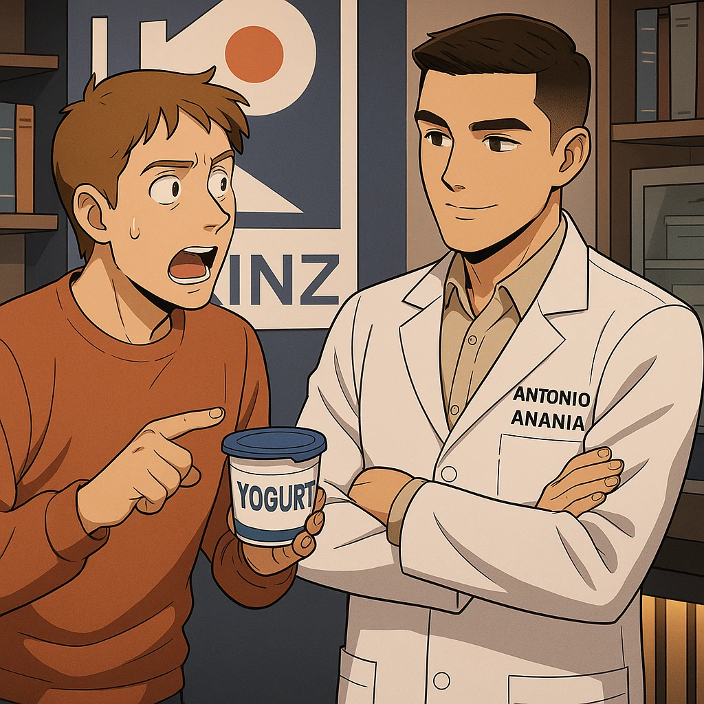 fai un webtoon manga a colori con questo stile, in cui un uomo chiede al kinesiologo con il camice bianco (fagli anche la scritta "ANTONIO ANANIA" SUL CAMICE, una domanda e il kinesiologo gli risponde, L'UOMO INDICA LO YOGURT CHE HA IN MANO ED è MOLTO ALLARMATO NEL FARE LA DOMANDA. non fare i fumetti però, fai solo in modo che sembri stiano parlando emoji