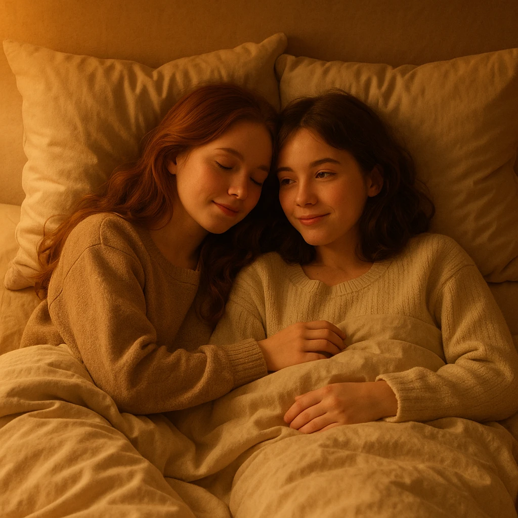 two girls in bed, cozy, warm lighting, gentle expressions, soft bedding, inviting atmosphere emoji