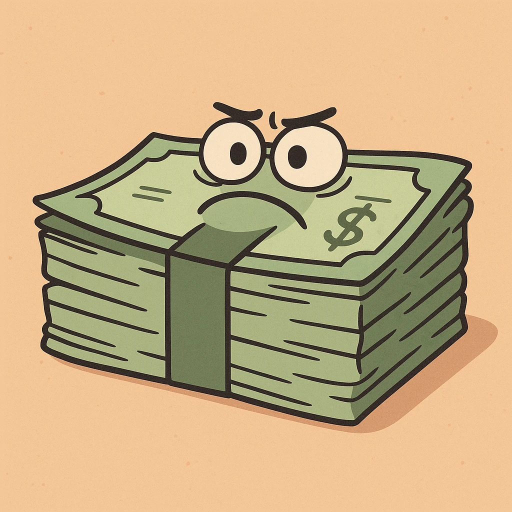 a stack of cash bills, cartoon style emoji
