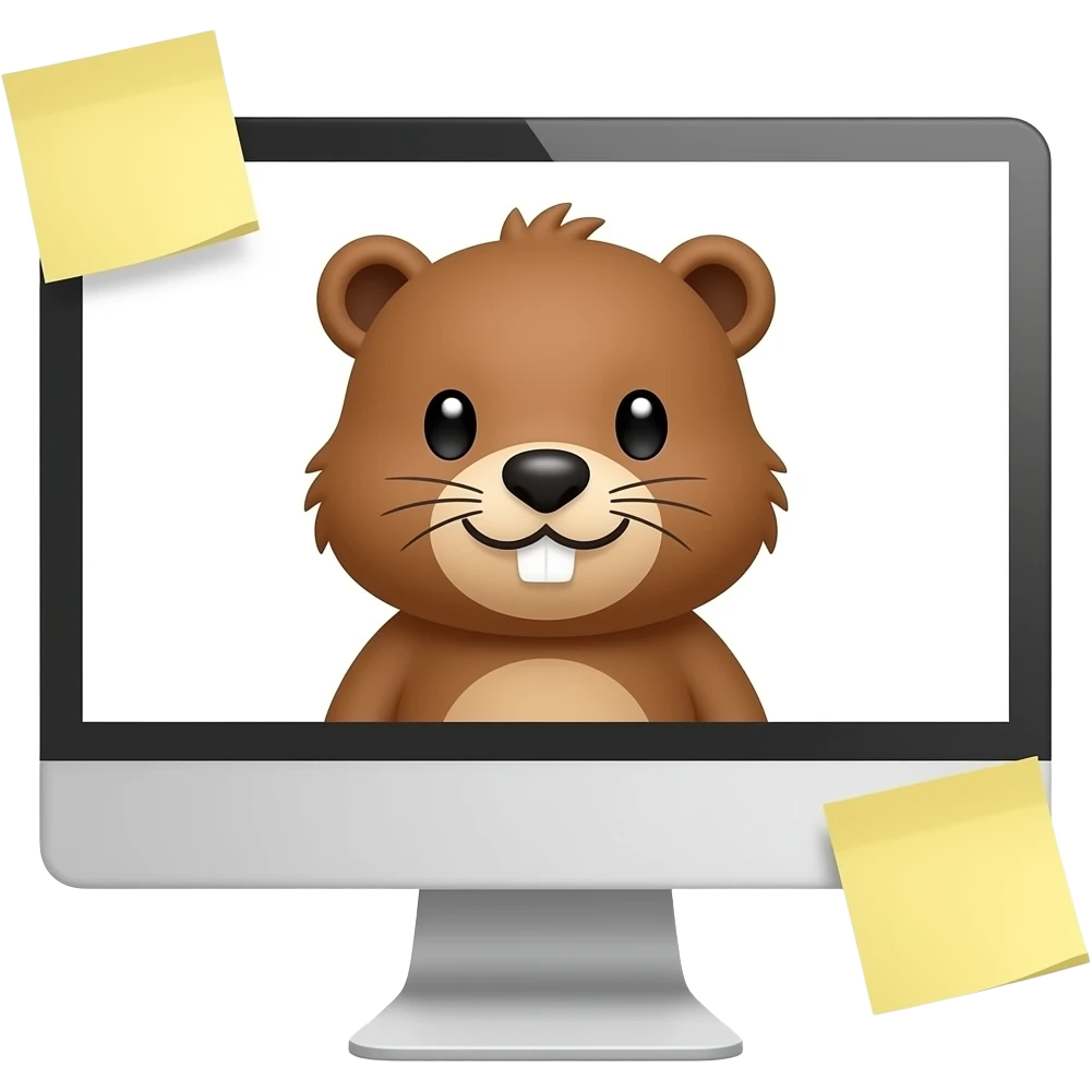 completely white computer monitor with only 2 soft yellow colored sticky notes randomly placed on the sides of it and a white background on the screen with a cute beaver on it emoji