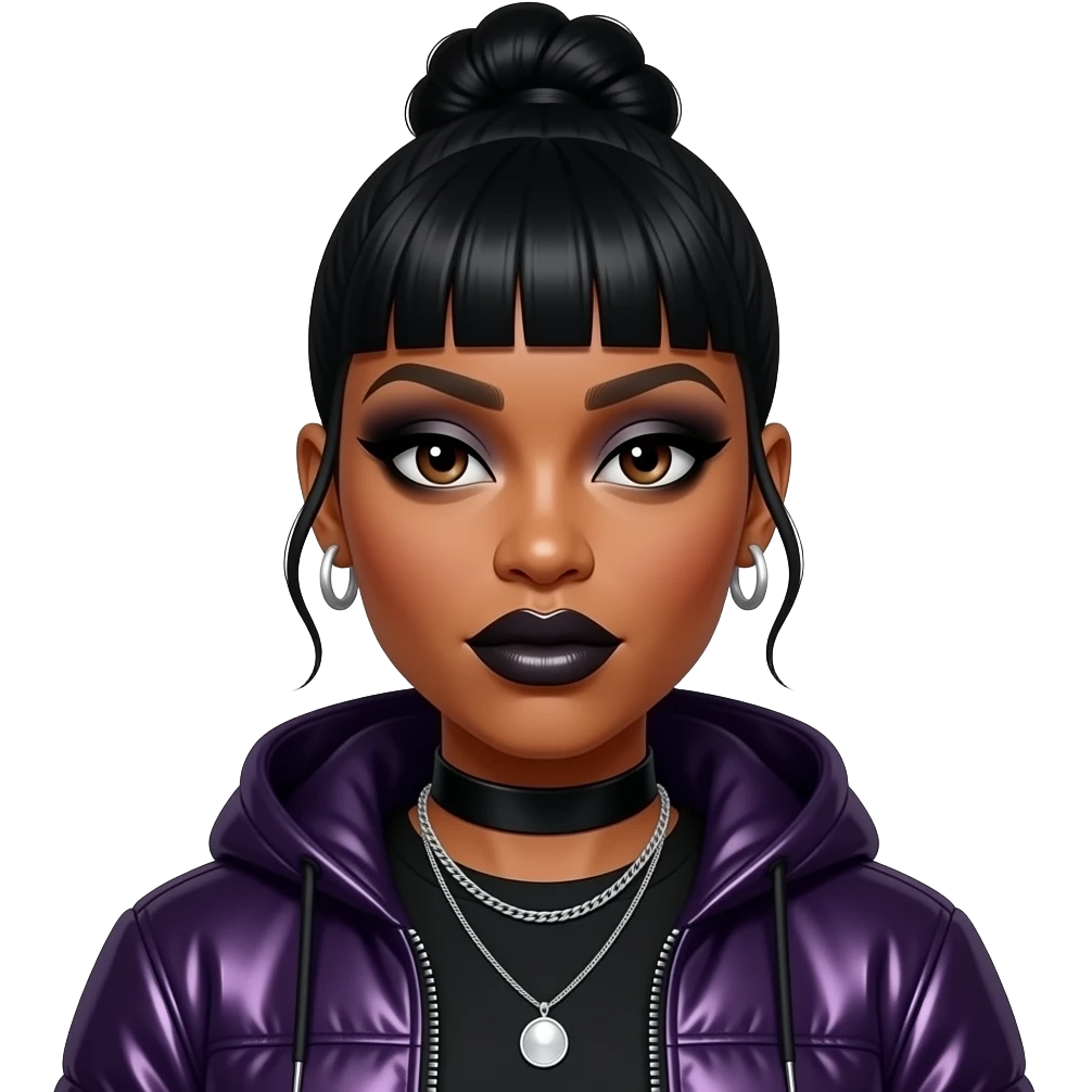 Missy Elliott with dark brown eyes, black updo bang hair, black eyeshadow and lipstick, dark purple metallic hip-hop outfit, necklace and earrings emoji