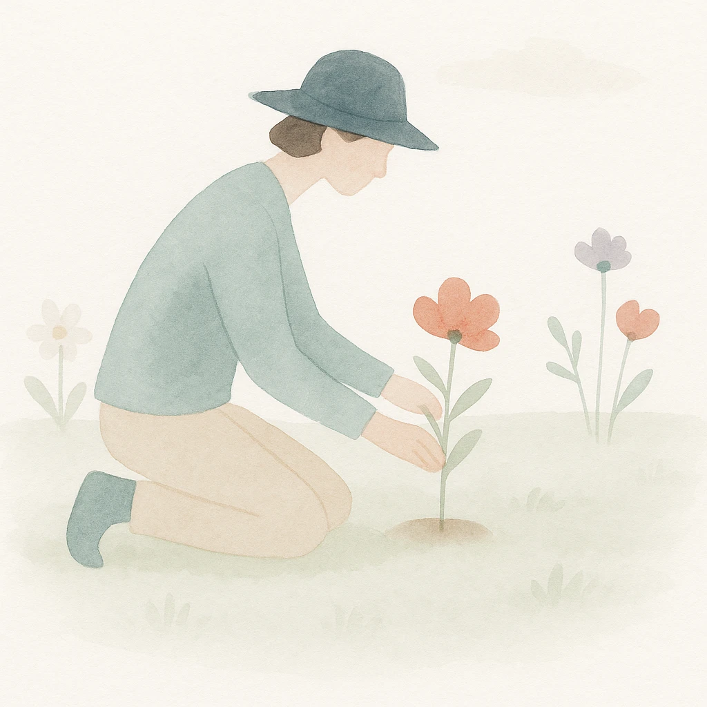 soft watercolor illustration in a minimalist, modern style, person planting flowers in a field, pastel colors, delicate linework, gentle whimsical mood, minimal soft shading emoji