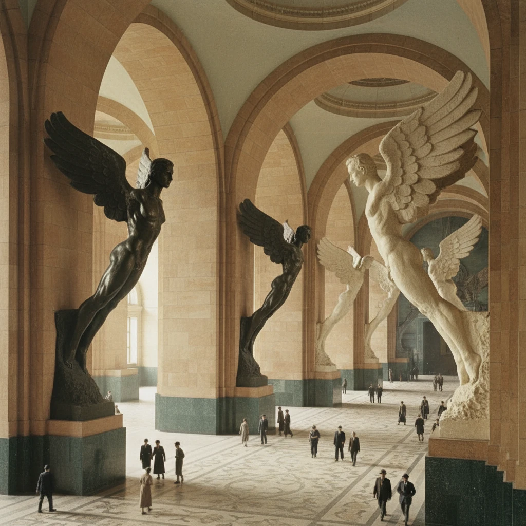 Дом Аэрофлота Чечулина изнутри. Огромные арки и скульптуры Икара, на фоне которых люди очень маленькие 

Стиль - архивные цветные фотодокументы emoji