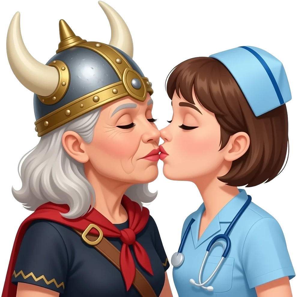 Viking helmet female opera singer older woman with gray braids kissing shortest brown hair nurse female couple emoji